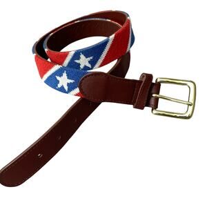Tucker Blair Needlepoint Belt Mens 34 Brown Leather Flag USA America Star Stripe